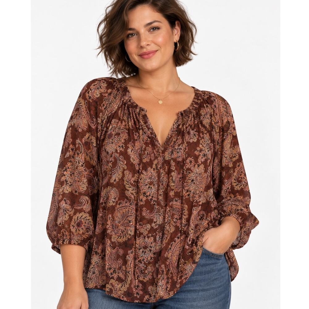 Rose & Olive Paisley Peasant Top Womens Size 2X Brown Pintucked Boho Blouse